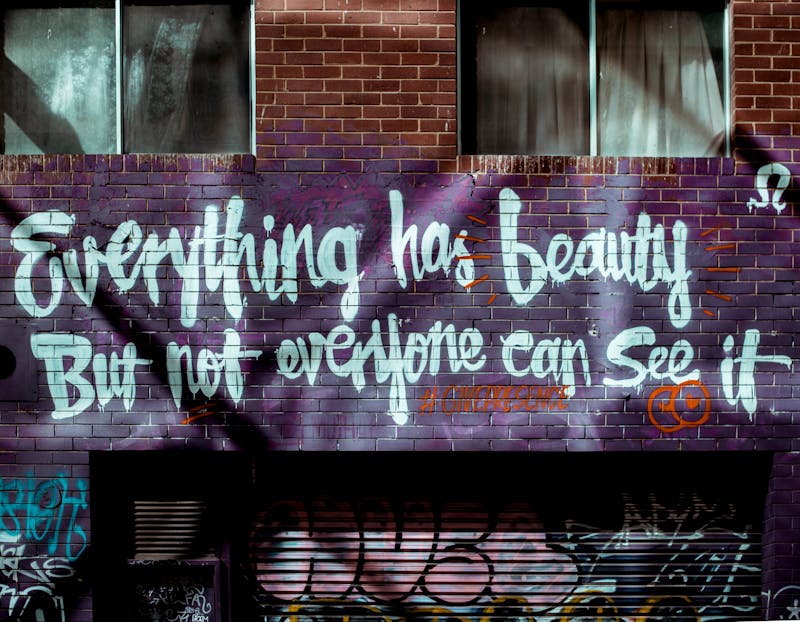 words graffitied on a wall saying "everything has beauty but not everyone can see it"
