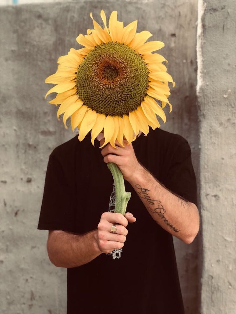 A photo of Jake holding a sunflower in front of his head.