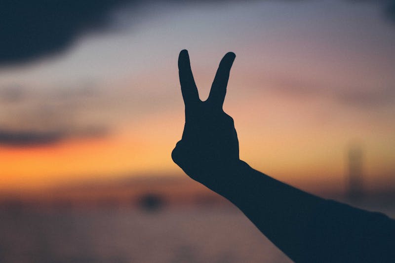 A person making a peace sign with their fingers.